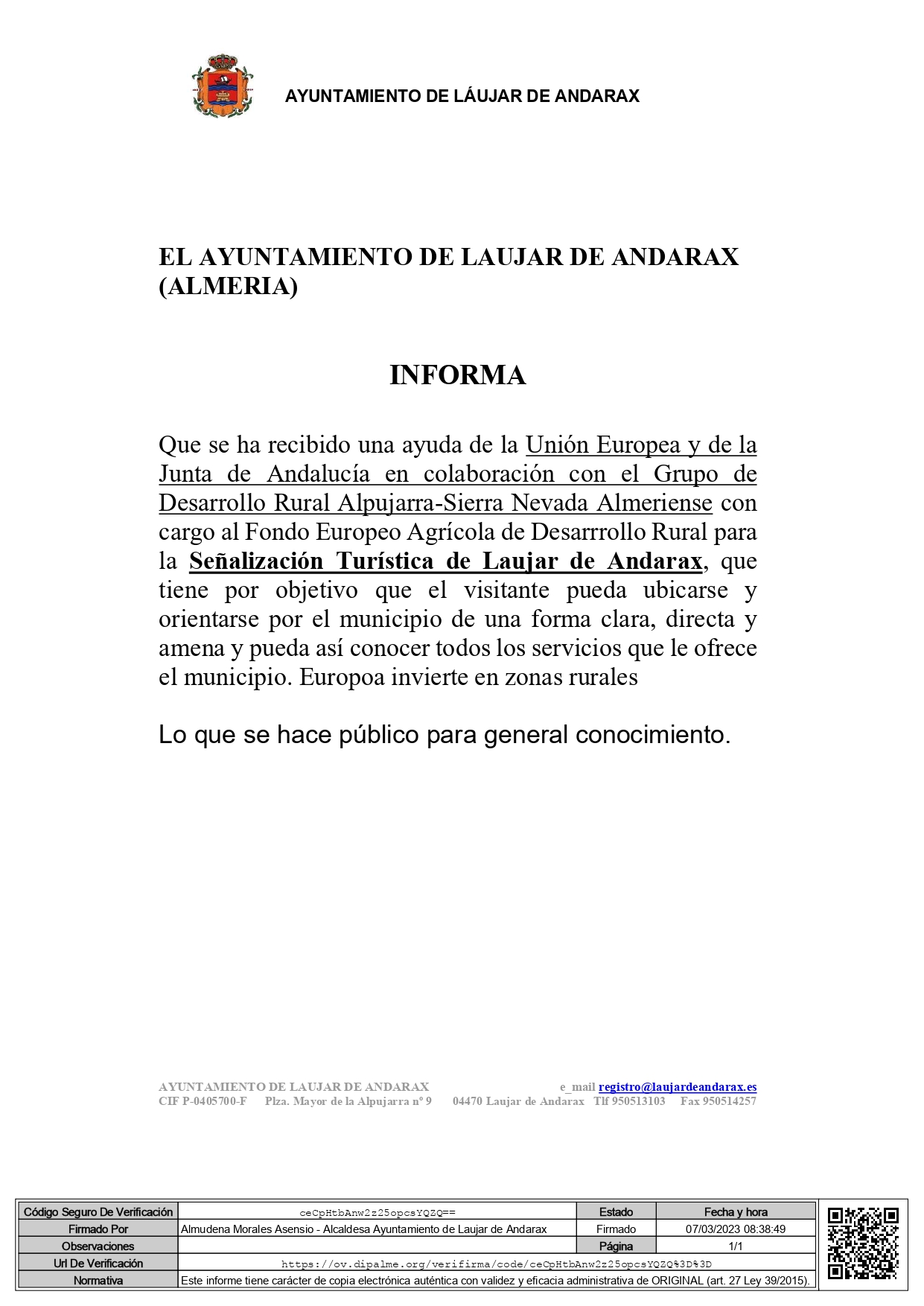 NOTA INFORMATIVA DEL AYUNTAMIENTO DE LAUJAR DE ANDARAX